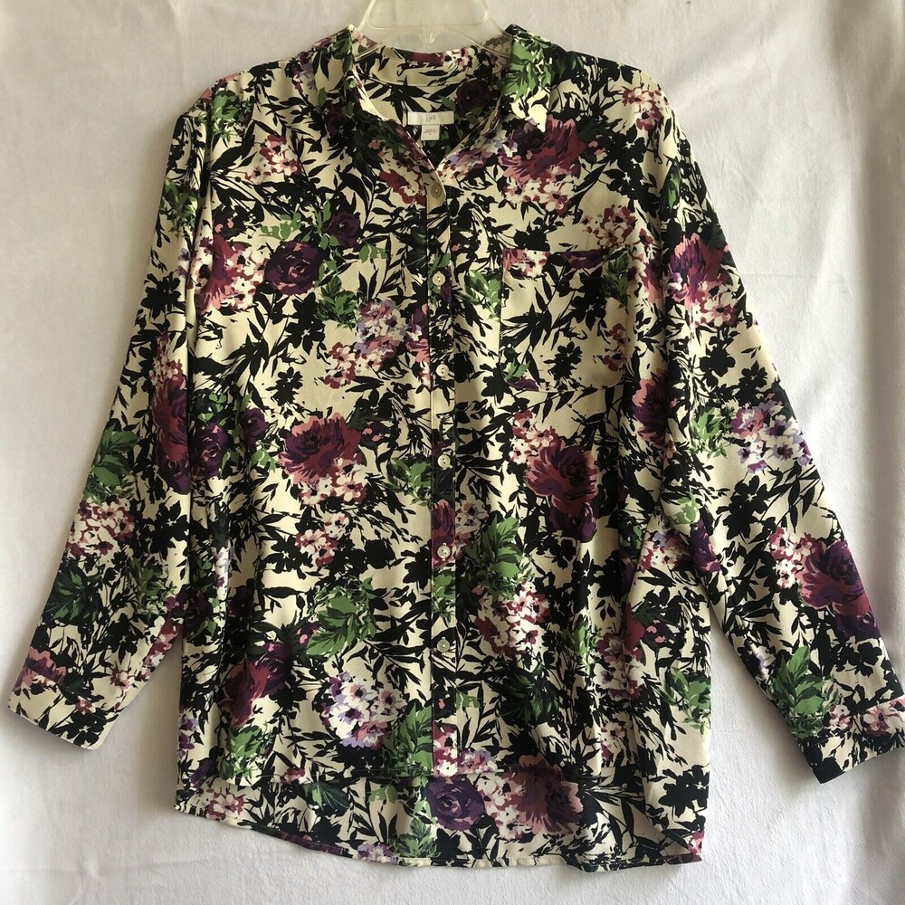 J. Jill Purple & Black Floral LightWeight Long Sleeve Button-Up Size S